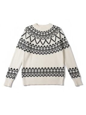 LOFT Fair Isle Mock Neck Knit Cream/Black Oversized Sweater X-Small